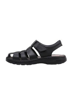 Sandalia de cuero negro con tiras abiertas, cierres de Velcro ajustables, plantilla acolchada y suela de goma para agarre y comodidad.