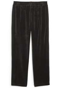 Pantalones de terciopelo negro con una textura suave, que presentan una cinturilla elástica, piernas rectas y sin bolsillos ni adornos visibles.