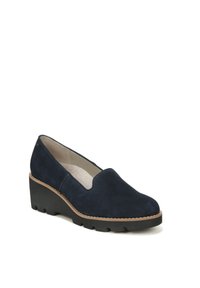 Navy suede slip-on shoe with a low wedge black rubber sole, rounded toe, and no visible hardware or patterns. Smooth interior lining.