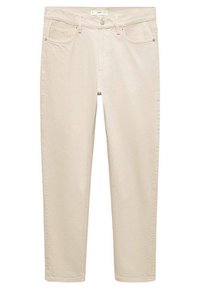 Jeans de mezclilla beige con un corte ajustado, que cuentan con un clásico diseño de 5 bolsillos, costuras sutiles y un cierre de botón y cremallera.