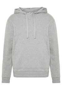 Sudadera gris de mezcla de algodón, con capucha ajustable, bolsillo tipo canguro y puños y dobladillo acanalados. Diseño sencillo sin patrones.
