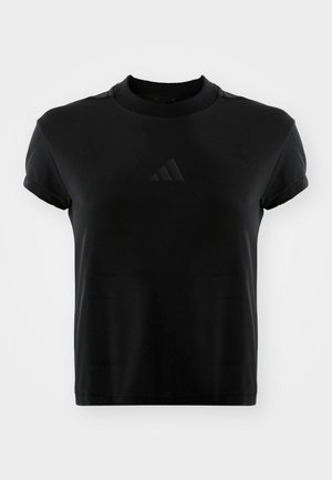 Svart kortermet t-skjorte laget av glatt stoff. Har rund hals og et preget Adidas-logo på fronten.