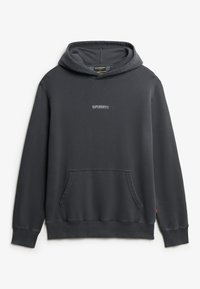 Sudadera con capucha de color gris carbón, hecha de material suave, con un bolsillo frontal tipo canguro y un pequeño logo de la marca en el pecho.