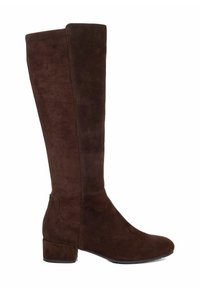 Brown suede knee-high boot with a rounded toe and block heel, featuring a smooth texture and minimal stitching detail.