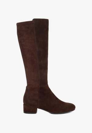 Brown suede knee-high boot with a rounded toe and block heel, featuring a smooth texture and minimal stitching detail.