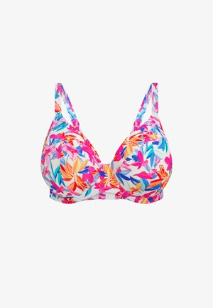Bikini top s multikolórovým květinovým potiskem, měkkými košíčky, nastavitelnými ramínky a háčkovým zapínáním. Hlavní barvy zahrnují růžovou, oranžovou a modrou.
