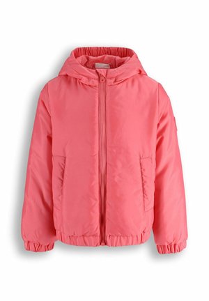 Jasnoróżowa dziecięca pikowana kurtka z kapturem, zapinana na suwak z przodu, z dwoma bocznymi kieszeniami, elastycznymi mankietami i obwódką u dołu.