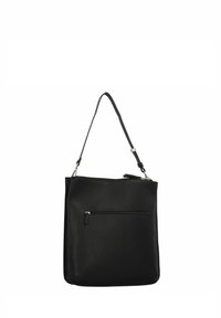 Borsa a tracolla nera in pelle con una texture liscia, forma rettangolare, tracolla regolabile e tasca anteriore con zip.