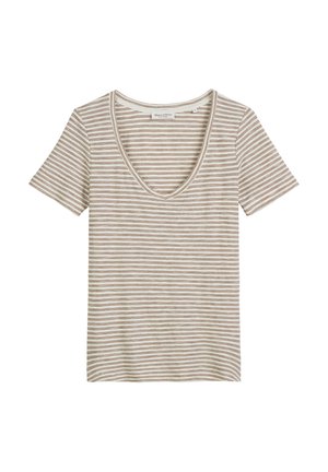 T-shirt à manches courtes, col en V, de couleur beige clair avec des rayures horizontales marron. Tissu doux avec une coupe décontractée et des détails de couture soignés.