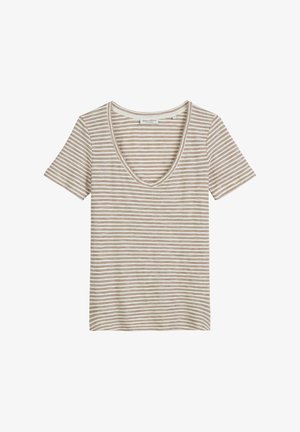 Kurzärmliges, V-Ausschnitt T-Shirt in hellem Beige mit horizontalen braunen Streifen. Weicher Stoff mit lässigem Schnitt und sauberen Nähdetails.