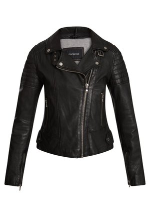 Black leather motorcycle jacket with quilted shoulder accents, asymmetrical zipper, two front pockets, and snap collar detail.