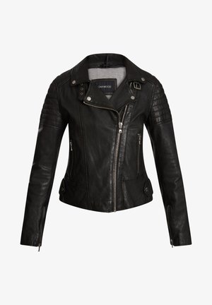 Black leather motorcycle jacket with quilted shoulder accents, asymmetrical zipper, two front pockets, and snap collar detail.