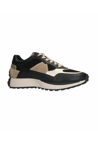 Zwarte leren sneaker met beige suède accenten, gestructureerde zijpanelen, crèmekleurige tussenzool en zwarte rubberen zool. Vetersluiting met ronde neus.