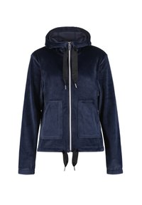 Navyblauwe fluwelen hooded sweater met rits, met voorkeurszakken en zwarte trekkoorden aan de capuchon en zoom, weergegeven op een witte achtergrond.