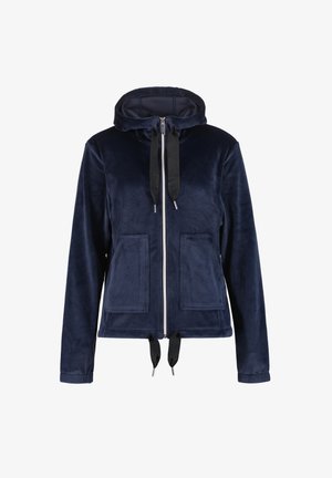 Hafenblau Samtzipper-Hoodie mit Fronttaschen und schwarzen Kordeln an Kapuze und Saum, auf weißem Hintergrund präsentiert.