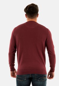 Maglione a maglia bordeaux con collo rotondo e maniche lunghe, presenta orli e polsini a coste, indossato sopra jeans blu. Vista posteriore, texture liscia.
