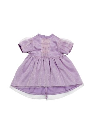 Robe lavande pour tout-petit avec manches bouffantes, superposition transparente, détail plissé à l'avant et jupe évasée sur fond blanc.