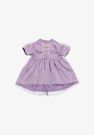 Lavendelkleurige peuterjurk met pofmouwen, transparante overlay, geplooide voorkant en uitlopende rok op een witte achtergrond.