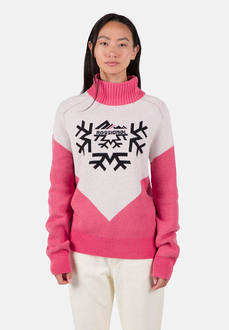 Różowy i szary sweter z wysokim kołnierzem, zdobiony wzorem płatków śniegu i logo "ROSSIGNOL". Ribbowane mankiety i dół, miękka dzianinowa tekstura.