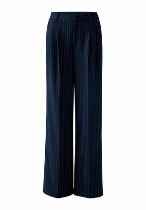 Navy wide-leg trousers with vertical pinstripes, pleated front, fitted waistband, and a smooth texture. Tailored design for a classic fit.