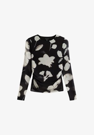 Top lungo nero a maniche lunghe con stampa floreale bianca, caratterizzato da un dettaglio arricciato sul lato, scollatura rotonda e un tessuto liscio e leggero.