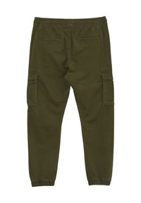 Pantaloni cargo verde oliva con elastico in vita, due tasche laterali cargo, due tasche posteriori e polsini alla caviglia affusolati. Tessuto morbido.