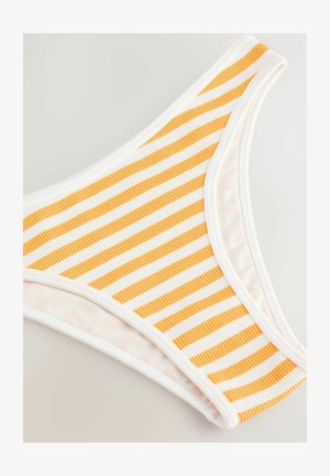 Striped bikini bottom in orange and white, featuring ribbed texture and a smooth white waistband. The design has angled cut edges.