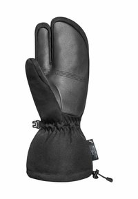 Schwarze isolierte Fäustlinge mit Lederhandfläche und Stoffbund. Verfügt über ein gerafftes Handgelenk und eine verstellbare Kordel für eine sichere Passform. Wasserdichtes Material.