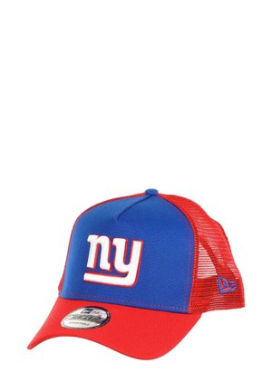 Blue and red cap with a mesh back, featuring a white embroidered "ny" logo on the front and an adjustable strap.