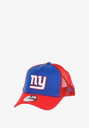 Blue and red cap with a mesh back, featuring a white embroidered "ny" logo on the front and an adjustable strap.