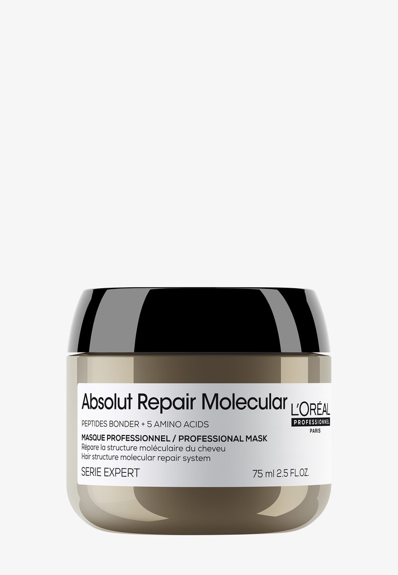 Contenant du masque de réparation moléculaire pour cheveux L'Oréal Professionnel Absolut Repair, 75 ml, avec couvercle noir et étiquette blanche.