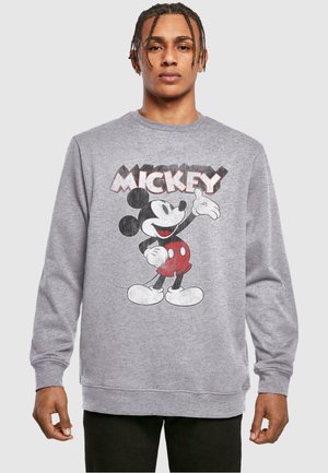 Grauer Sweatshirt mit einem Vintage Mickey Mouse Grafik in Schwarz, Rot und Weiß. Lange Ärmel, gerippte Bündchen und Rundhalsausschnitt.