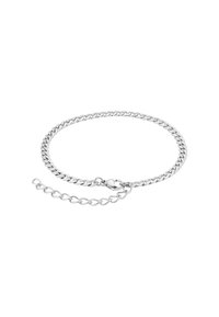 Sølv metallkjede armbånd med sammenkoblede ledd, en sikker lås og en justerbar kjedeutvidelse for størrelsesmuligheter.