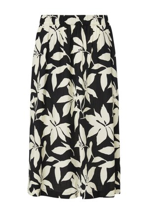 Schwarzer Midirock mit großem weißem tropischem Blättermuster und elastischem Bund.