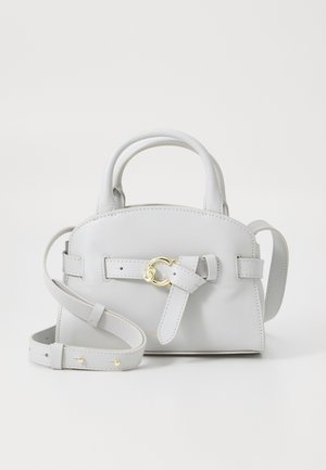 Light gray leather handbag with structured design, top handles, and a detachable strap. Features gold-tone hardware and a front bow detail.