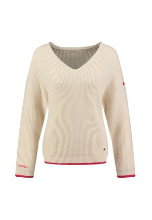 Maglione a coste color crema con scollo a V, maniche lunghe, dettagli rossi all'orlo e ai polsini, e un piccolo logo.