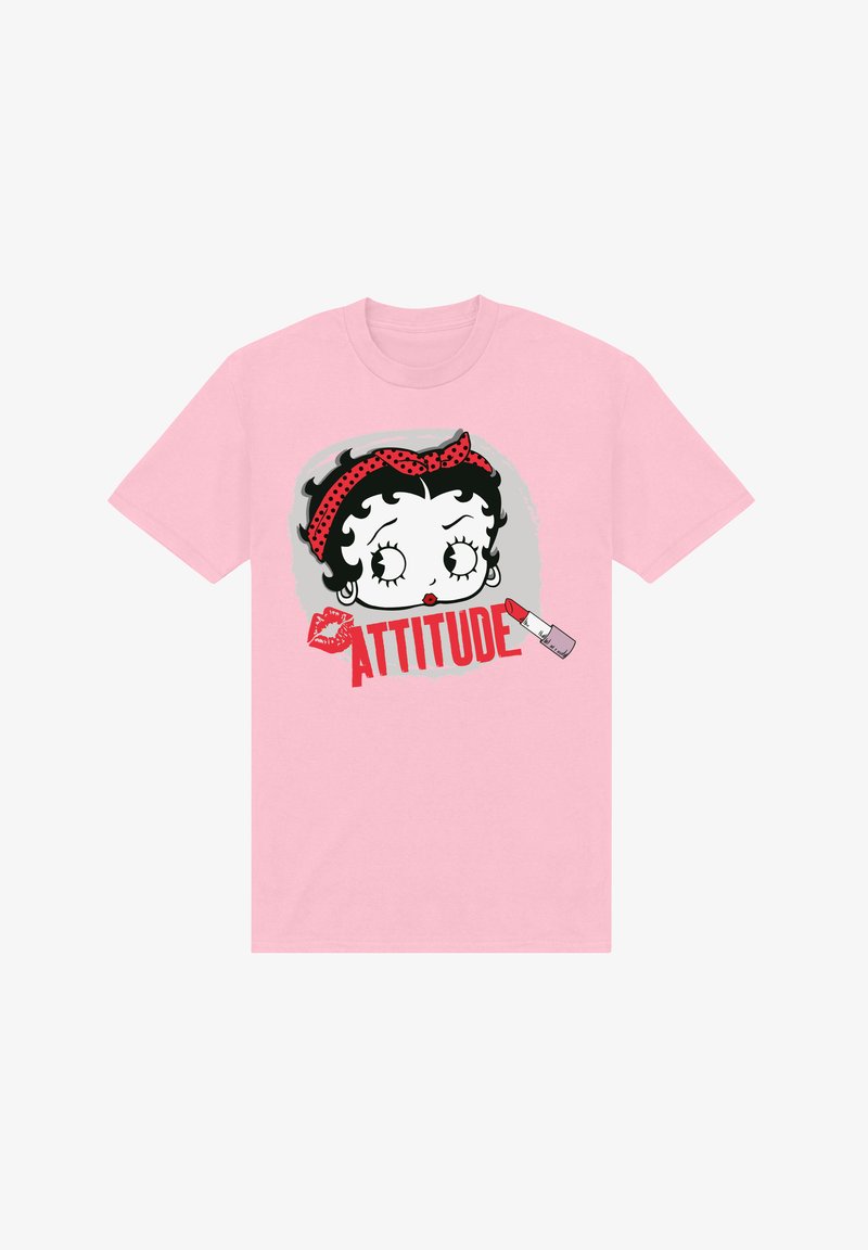Lyserød bomulds t-shirt med et grafisk tryk af en tegnefilmspige med sorte krøller, et rødt pandebånd med hvide prikker og teksten "ATTITUDE" i fed rød skrift.
