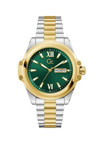 Goldene und silberne Edelstahluhr mit grünem Zifferblatt, römischen Ziffern, Datumsanzeige und zweifarbigem Armband mit gebürsteten und polierten Gliedern.
