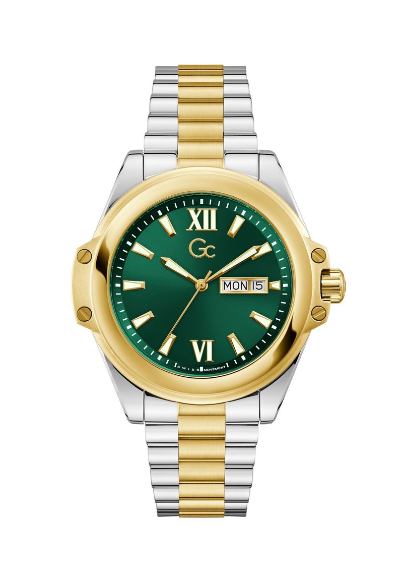Goldene und silberne Edelstahluhr mit grünem Zifferblatt, römischen Ziffern, Datumsanzeige und zweifarbigem Armband mit gebürsteten und polierten Gliedern.