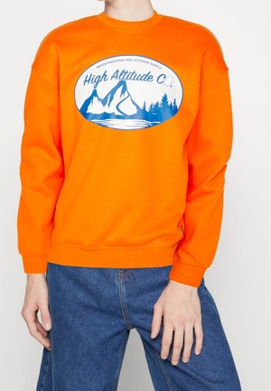 Orange sweatshirt with a round neckline and long sleeves. Features a blue graphic of mountains and trees on the front. Standard fit.
