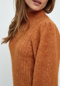 Femme aux longs cheveux bruns portant un pull en maille côtelée orange à col montant, vue des épaules jusqu'au milieu de la poitrine.