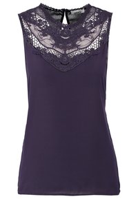Haut violet sans manches avec une superposition en dentelle au niveau du col, un motif floral et une fermeture au dos en forme de goutte. Texture de tissu lisse.