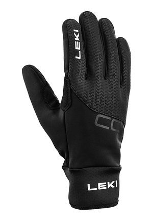 Schwarzer LEKI-Handschuh mit strukturierter Griffoberfläche an den Fingern, weichem Stoff an der Handfläche und aufgedrucktem Logo auf dem Handrücken und am Handgelenksbund.