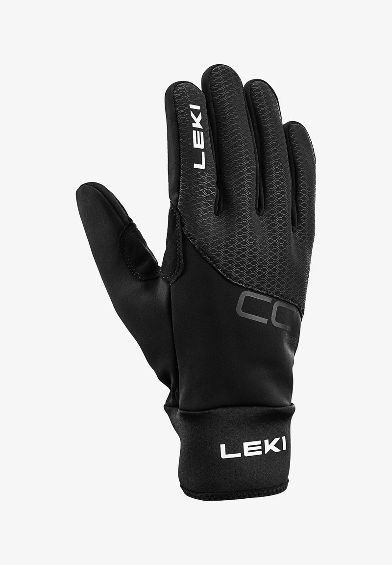 Schwarzer LEKI-Handschuh mit strukturierter Griffoberfläche an den Fingern, weichem Stoff an der Handfläche und aufgedrucktem Logo auf dem Handrücken und am Handgelenksbund.