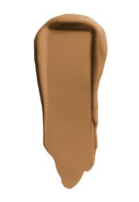 Échantillon de maquillage liquide ou crème marron, texture lisse, finition brillante, en forme de traînée épaisse avec une extrémité effilée, pigment uniforme.