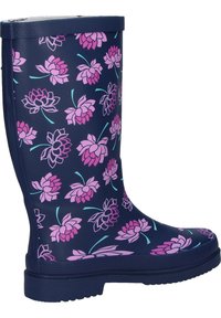 Navy rubber rain boot featuring a pink floral pattern with green stems, textured top band, and a thick, rugged sole for traction.