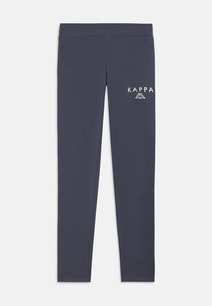 Leggings bleu marine longueur totale avec taille élastique, avec texte et logo blancs "Kappa" sur la partie supérieure de la cuisse gauche.