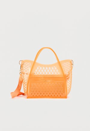 Orange translucent plastic tote bag with lattice design, dual handles, and an orange fabric strap attached on the side.