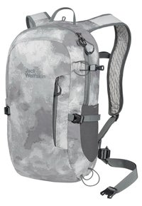 Sac à dos gris camouflage en tissu durable, doté de bretelles rembourrées, de multiples compartiments et de boucles réglables pour un transport sécurisé.