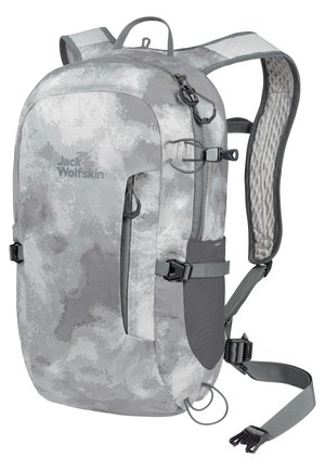 Sac à dos gris camouflage en tissu durable, doté de bretelles rembourrées, de multiples compartiments et de boucles réglables pour un transport sécurisé.